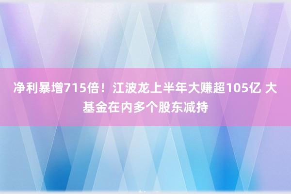 净利暴增715倍！江波龙上半年大赚超105亿 大基金在内多个股东减持